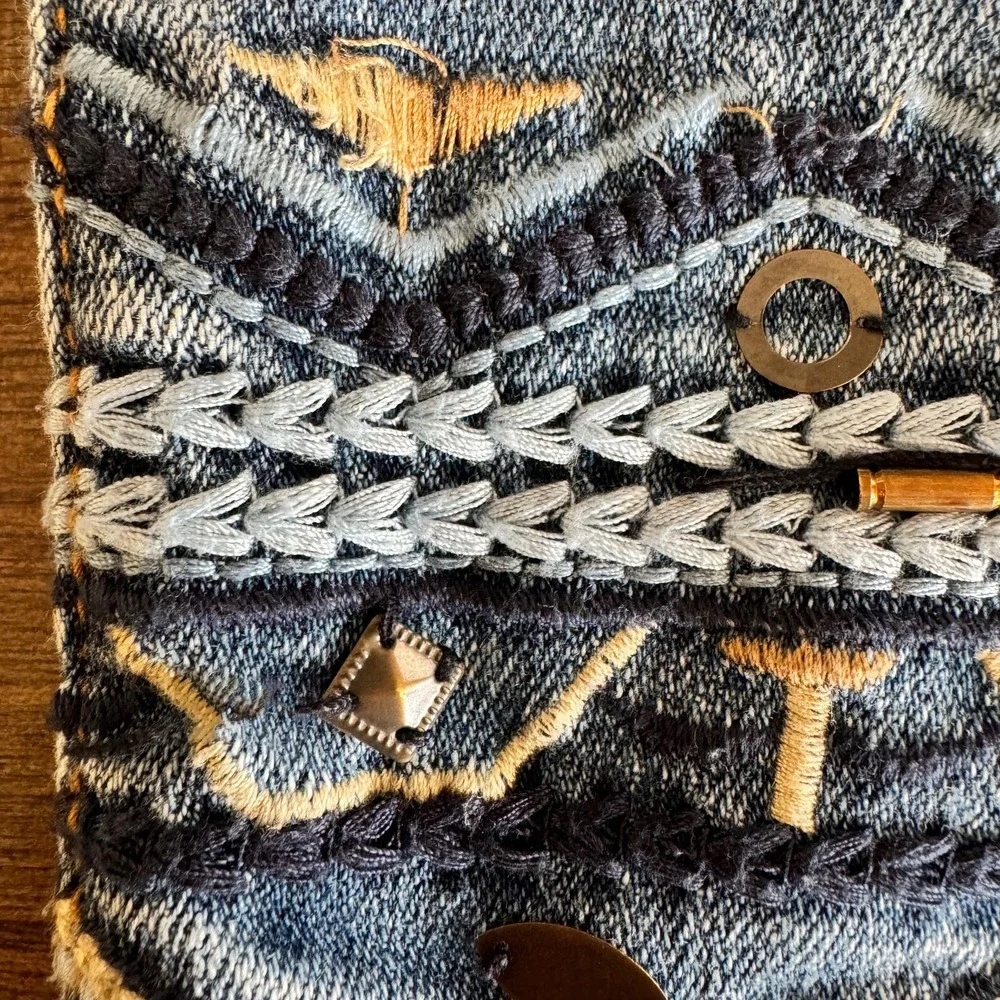 DRIFTWOOD Blue Cropped Jeans with Aztec Embroidered Cuffs